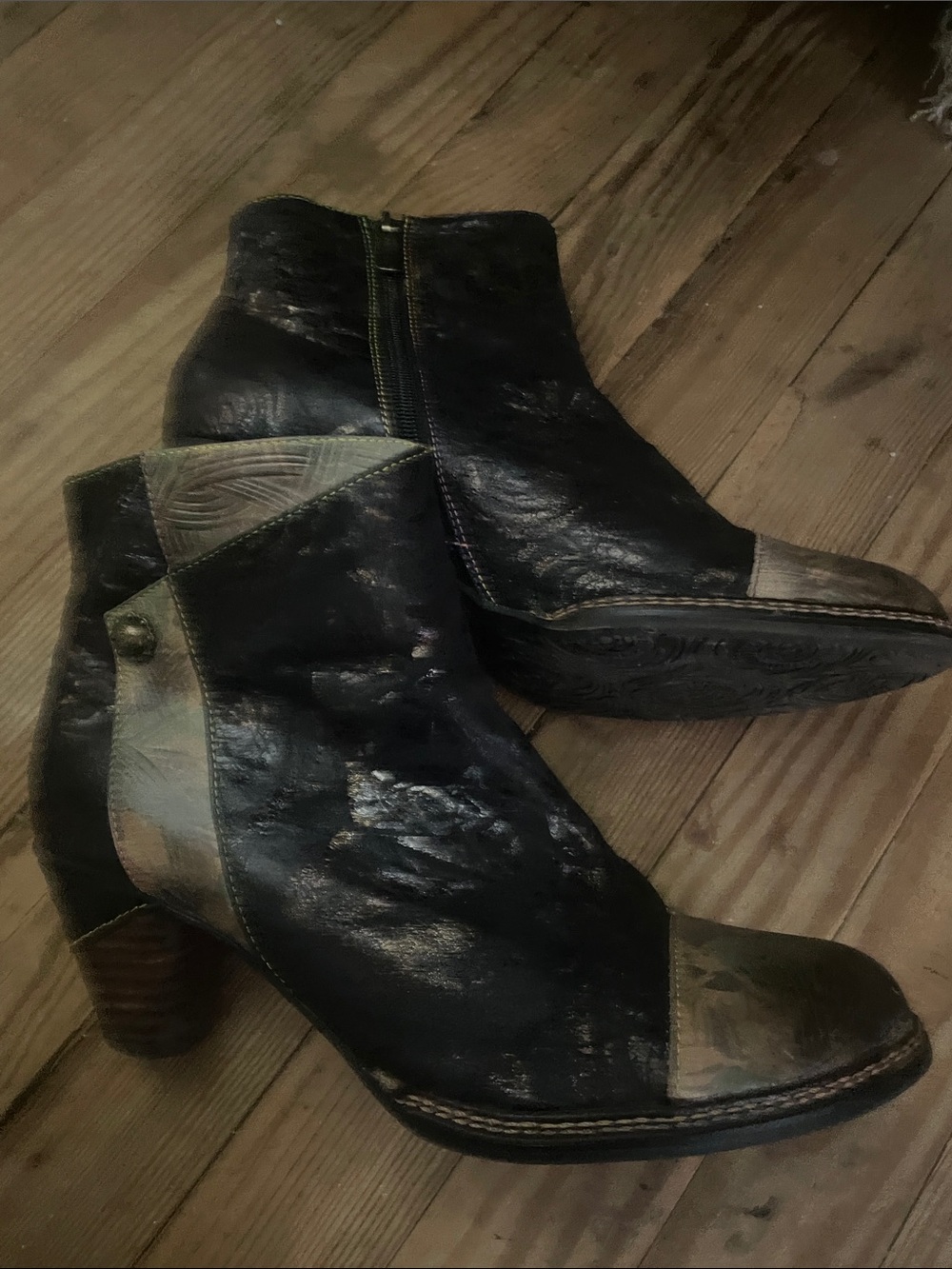 Women's Black Leather Ankle Booties with Olive Accent